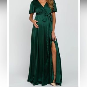 Green Side Slit Satin Maternity Maxi Dress